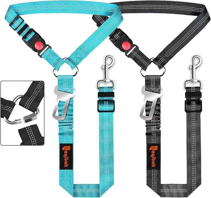 Removable Dog Seat Belt Harness for Car, 3 in 1 Pet Dog Car Seatbelt Leash, Retractable Restraint Secures to Vehicle Headrest &amp; Adjustable Reflective Bungee Dog Seatbelt Tether, Blue and Black