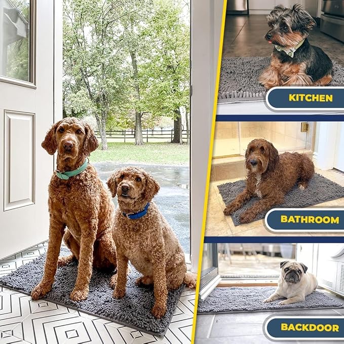 Muddy Mat® Pack of 3 Highly Absorbent Microfiber Dog Door Mat and Pet Rug, Non Slip Thick Washable Area Mat Soft Chenille for Kitchen Bathroom Bedroom and Outdoor - Grey Small, Medium &amp; Large