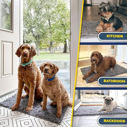 Muddy Mat® Pack of 3 Highly Absorbent Microfiber Dog Door Mat and Pet Rug, Non Slip Thick Washable Area Mat Soft Chenille for Kitchen Bathroom Bedroom and Outdoor - Grey Small, Medium &amp; Large