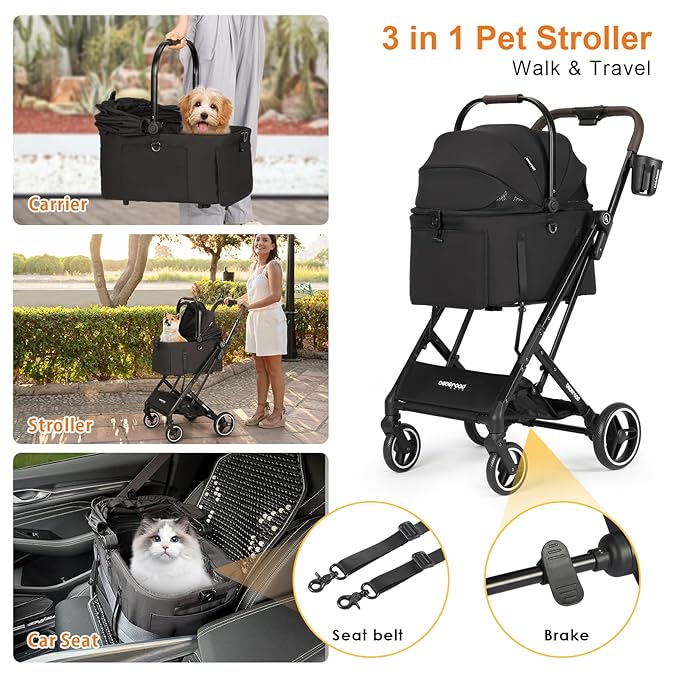 X2 Pet Stroller, Dog Cat Stroller for Small Pets Under 44lbs, Equipped with Detachable &amp; Foldable Carrier, Waterproof Pad &amp; Sunshade Canopy,Camel (Black)