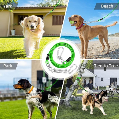 Jenico Dog Tie Out Cable, 10-150FT Runner Cable with Swivel Hook and Shock Spring, Yard &amp; Camping Dog Leash Tether for Small to Medium Pets Up to 500 LBS