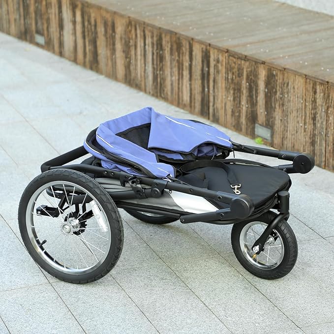 PawHut Dog Stroller, Pet Stroller 3 Wheels with Easy One-Hand Fold, Rubber Wheels, Storage Bag, Soft Cushion, Safety Leash, for Small &amp; Medium Dogs, Blue