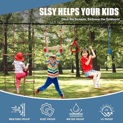 Slsy 60FT Ninja Warrior Obstacle Course (13 Obstacles), Ninja Slackline Kit for Kids, Durable Playset Equipment with 13 Most Complete Set-Monkey Bar,Swing, Balance Belt, Climbing Ladder &amp; Net