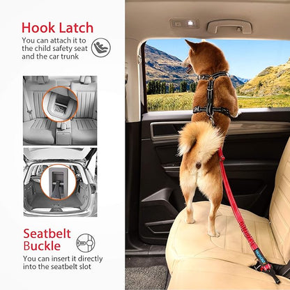IOKHEIRA Dog Seatbelt, Updated Dog Seat Belt, Reflective Bungee Dog Car Harness, Multifunctional Pet Safety Belt with Hook Latch &amp; Seatbelt Buckle, Swivel Aluminum Carabiner, Red