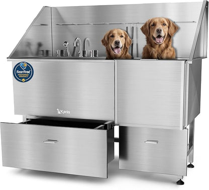 KANIS Professional Dog Washing Station - 304 Stainless Steel Pet Wash Sink &amp; Grooming Bath Tub for Home with Ramp, Shower, Floor Grate, Storage Drawers, and Faucet for Large, Medium &amp; Small Pets