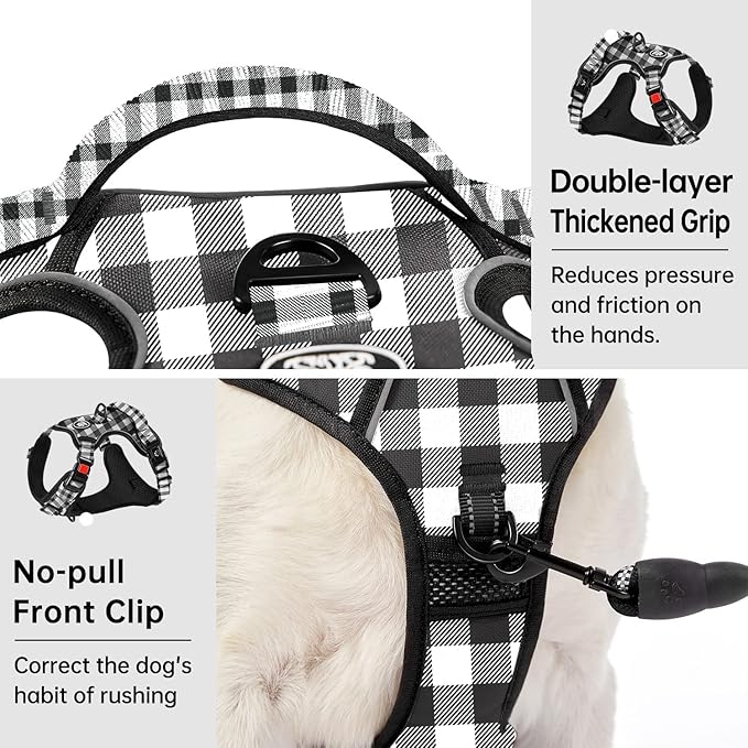 IVY&amp;LANE No Pull Dog Harness with Leash Set, Reflective No Choke Pet Vest,Adjustable Oxford Dog Vest Harness with Easy Control Handle for Medium Lagre Dogs (Checkered Black,M)