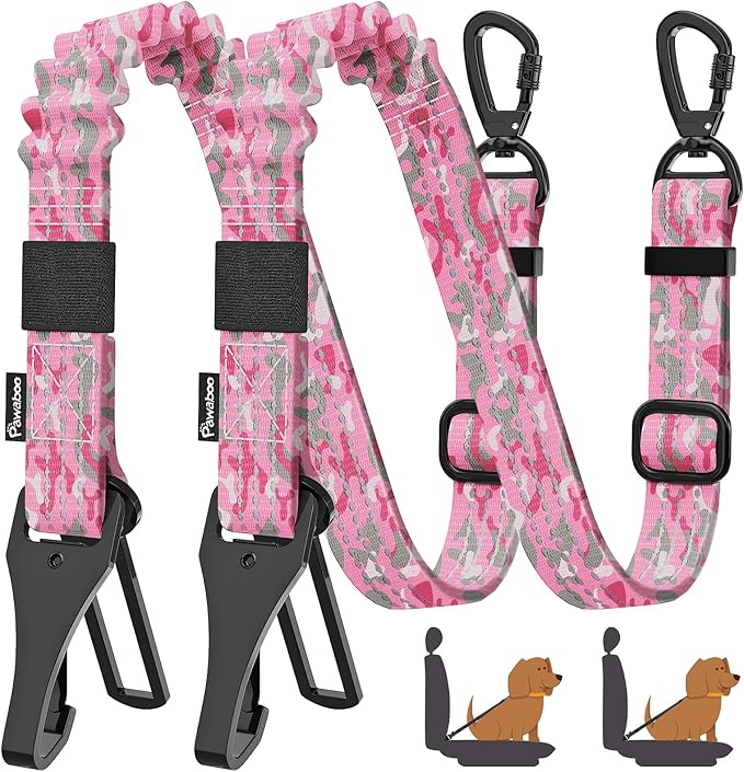 Pawaboo 2Pack Dog Seatbelt for Car, Dog Car Seat Belt Bungee, Dogs Tether for Cars with Buckle &amp; Hook Latch, Adjustable Reflective Dogs Cars Harness Leash with 360° Lockable Buckle, Pink Camouflage