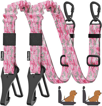 Pawaboo 2Pack Dog Seatbelt for Car, Dog Car Seat Belt Bungee, Dogs Tether for Cars with Buckle &amp; Hook Latch, Adjustable Reflective Dogs Cars Harness Leash with 360° Lockable Buckle, Pink Camouflage