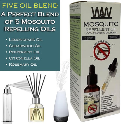 W4W Mosquito Oil - 100% Essential Oil Blend - 4 Oz - Mosquitoes, Gnats &amp; other Flying Insects - for use with Diffusers, Sprays, Lotions, &amp; Soaps - 4 Ounce Dropper Bottle