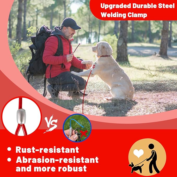 Dog Tie Out Cable 10/15/20/25/30 FT Runner for Yard Steel Wire Cable with Durable Superior Clips Red Chains for Outside Dog Lead for Large Up to 165 Lbs