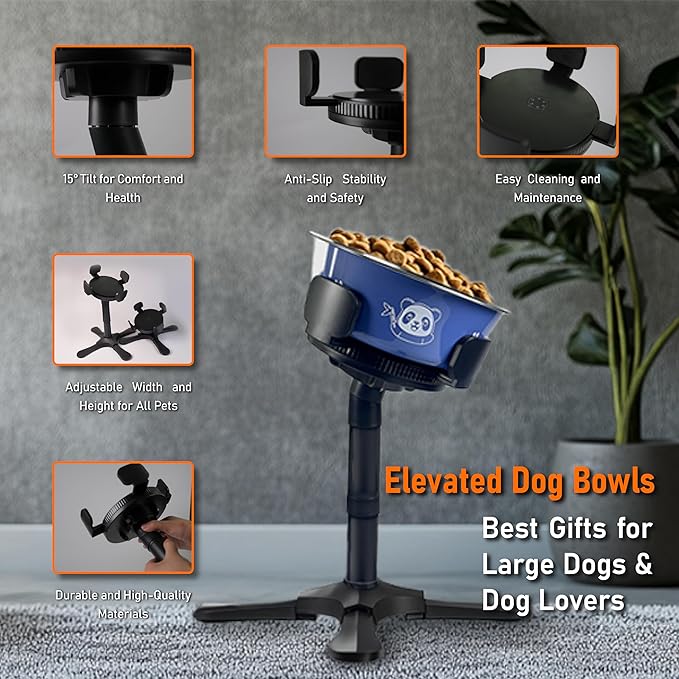 Adjustable Elevated Dog Bowl Stand with Non-Slip Base - 3 Height &amp; Tilt Settings, Fits 14-24.5cm Bowls, Raised Stainless Steel Dish for Large Breed, Medium &amp; Small Dogs, Cats