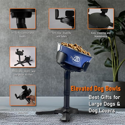 Adjustable Elevated Dog Bowl Stand with Non-Slip Base - 3 Height &amp; Tilt Settings, Fits 14-24.5cm Bowls, Raised Stainless Steel Dish for Large Breed, Medium &amp; Small Dogs, Cats