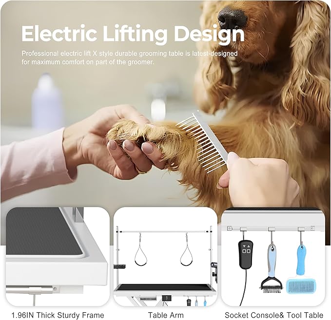 Heavy Duty Electric Lifting Pet Dog Grooming Table for Large Dogs with Overhead Arm, Anti-Skid Rubber Desktop and Powerful Motor, 50&