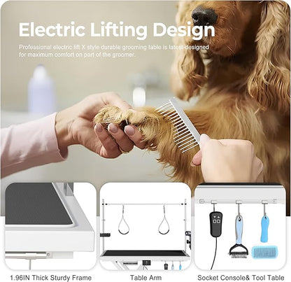 Heavy Duty Electric Lifting Pet Dog Grooming Table for Large Dogs with Overhead Arm, Anti-Skid Rubber Desktop and Powerful Motor, 50&