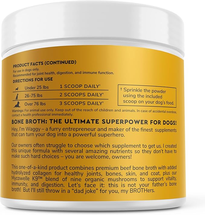 Bone Broth for Dogs – Bone Broth Powder with Organic Mushrooms &amp; Collagen for Digestion, Immunity &amp; Joint Support – Tasty Beef Supplement for Dogs of All Ages, Sizes &amp; Breeds – 3.20 oz