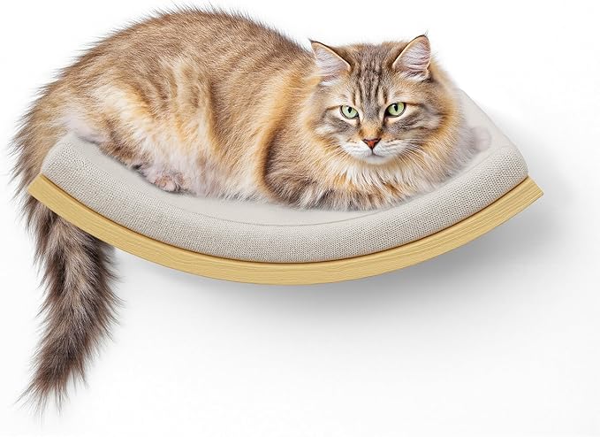Cat Wall Shelf with Curved Hammock Bed, Wall Mounted Cat Perch with Beige Soft Foam Cushion, Floating Wall Furniture for Climbing, Sleeping &amp; Lounging