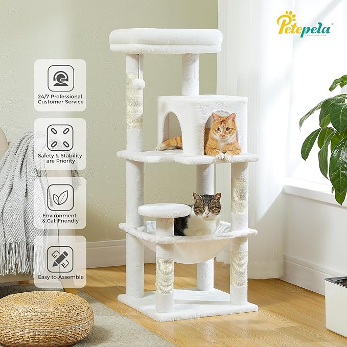 PETEPELA 45.7" Cat Tree for Large Cats, 5-Level Cat Tower for Indoor Cats with Large Hammock (17.3"x15.3"), Cat Condo with (18.5"x13") Big Top Perch &amp; 4 Sisal Covered Scratching Post, White
