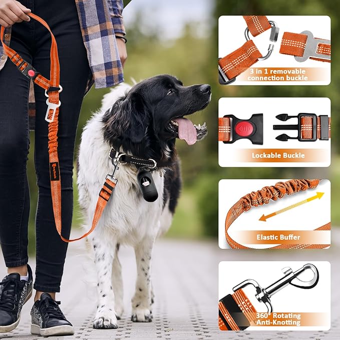 Removable Dog Seat Belt Harness for Car, 3 in 1 Pet Dog Car Seatbelt Leash, Retractable Restraint Secures to Vehicle Headrest &amp; Adjustable Reflective Bungee Dog Seatbelt Tether,Orange