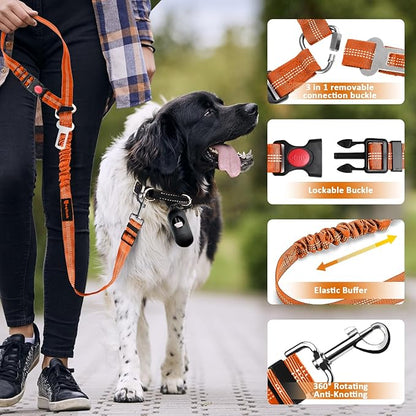 Removable Dog Seat Belt Harness for Car, 3 in 1 Pet Dog Car Seatbelt Leash, Retractable Restraint Secures to Vehicle Headrest &amp; Adjustable Reflective Bungee Dog Seatbelt Tether,Orange