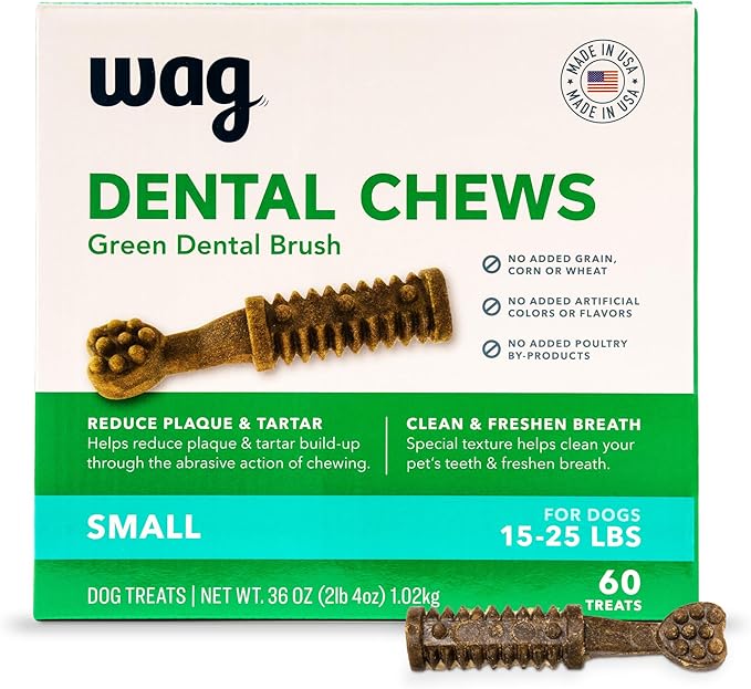 Amazon Brand - Wag Dental Dog Treats to Help Clean Teeth &amp; Freshen Breath - Small, Unflavored, 2.25 pounds, 60 Count (Pack of 1)