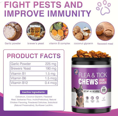 Dog Flea and Tick Treatment Chewable 200 Treatment Chews Natural Soft Chew Fleas Ticks Treatment Dog Oral Chewables Support Supplement Pest Defense Breeds and Ages Dogs Chicken Flavor