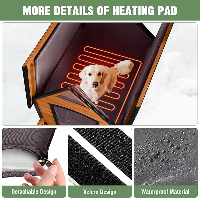 Heated Dog House Outdoor with Insulated Liner in Winter, Weatherproof Puppy Kennel with Anti-Chewing Metal Frame, Dog Shelter for Large, Medium and Small Dogs (Brown, 50.9&