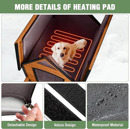 Heated Dog House Outdoor with Insulated Liner in Winter, Weatherproof Puppy Kennel with Anti-Chewing Metal Frame, Dog Shelter for Large, Medium and Small Dogs (Brown, 50.9&