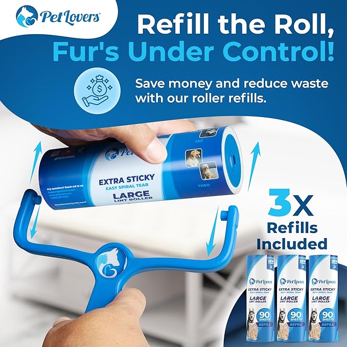 PetLovers 6.3" Large Lint Roller for Pet Hair Extra Sticky 360 Sheets, Ideal for Pet Hair Removal from Furniture &amp; Clothes, Dog and Cat Lint Remover 4 Pack