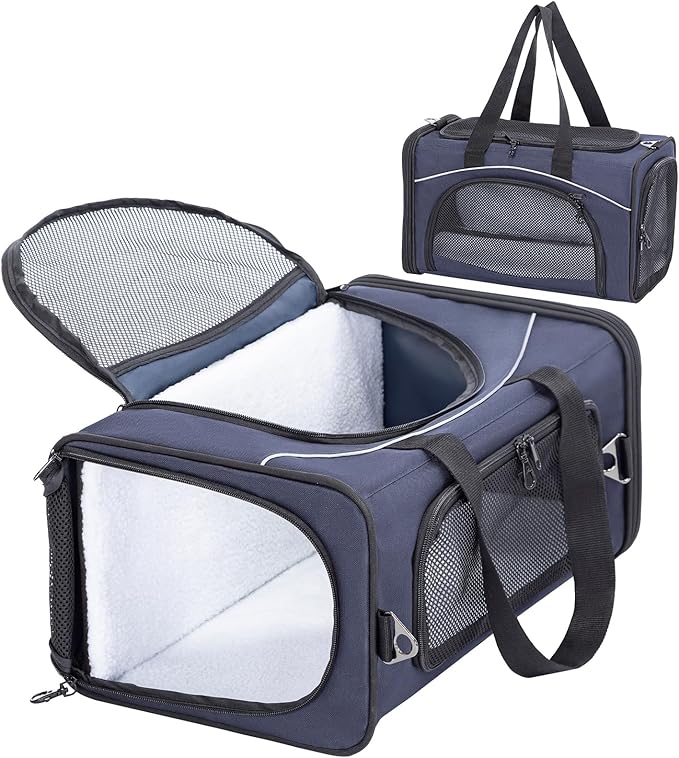 Petsfit Airline Approved Pet Carrier for Small Dogs &amp; Cats, 19x9x12 TSA Approved Carrier, with Removable Dual-Sided Padding (2-Way Placement) - Fits Under Most Airplane Seats, Escape Proof (Navy)