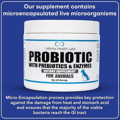Probiotics for Dogs and Cats - Vet Formulated Made in USA Pet Prebiotic &amp; Enzyme Powder for Digestive, Gut &amp; Immune Health - 200 Servings (50 g)