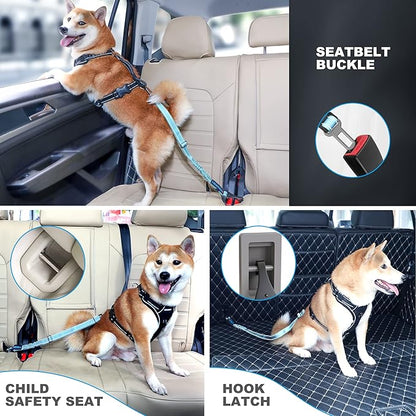 Dog Seat Belt 3-in-1 Car Harness for Dogs Adjustable Safety Seatbelt for Car Nylon Reflective Bungee Fabric Dog Car Harness with Clip Hook Latch &amp; Buckle, Swivel Zinc Alloy Carabiner (Light Blue)