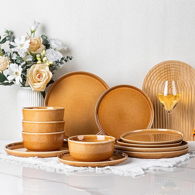 GBHOME Ceramic Dinnerware Sets for 4, 12 Pieces Stoneware Plates and Bowls Sets, Scratch Resistant Dishes, Dishwasher &amp; Microwave Safe, Reactive Glaze-Amber