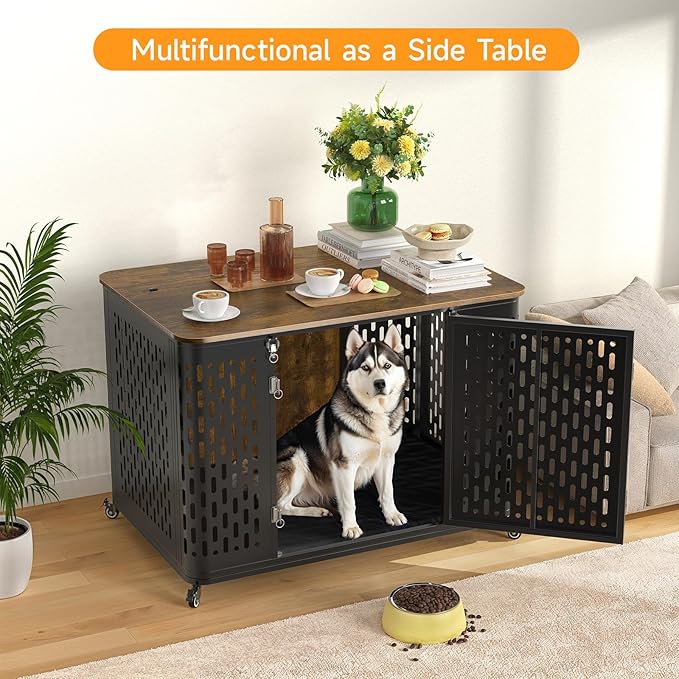 Heavy Duty Dog Crate Furniture for Large and Medium Dogs, 43.7 Inch Large Dog Crate Kennel with Flip Top &amp; Cushion &amp; Wheels, Escape Proof Pet Cage for High Anxiety Dogs