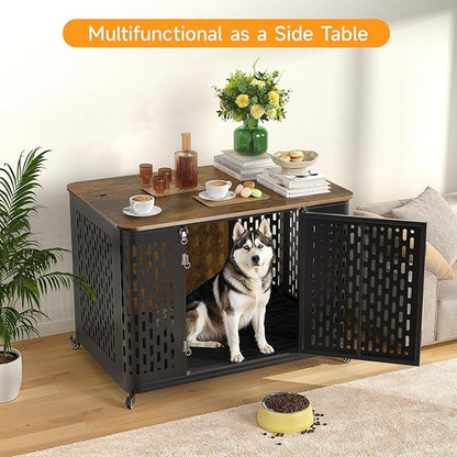 Heavy Duty Dog Crate Furniture for Large and Medium Dogs, 43.7 Inch Large Dog Crate Kennel with Flip Top &amp; Cushion &amp; Wheels, Escape Proof Pet Cage for High Anxiety Dogs