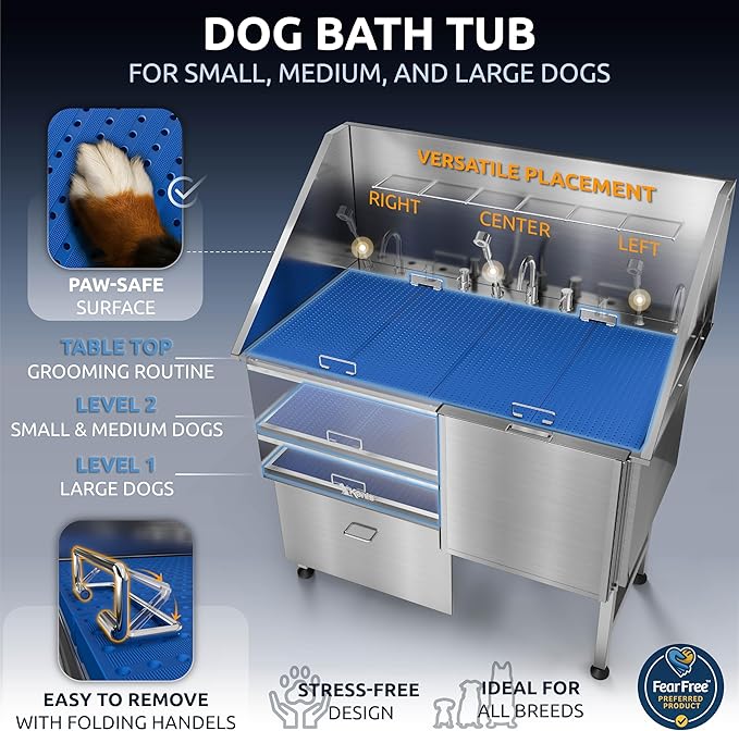 KANIS Professional Dog Washing Station - 304 Stainless Steel Pet Wash Sink &amp; Grooming Bath Tub for Home with Ramp, Shower, Floor Grate, Storage Drawer, Faucet, Drain Kit for Large, Medium &amp; Small Pets