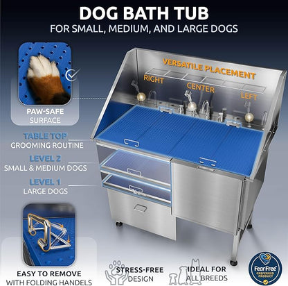 KANIS Professional Dog Washing Station - 304 Stainless Steel Pet Wash Sink &amp; Grooming Bath Tub for Home with Ramp, Shower, Floor Grate, Storage Drawer, Faucet, Drain Kit for Large, Medium &amp; Small Pets