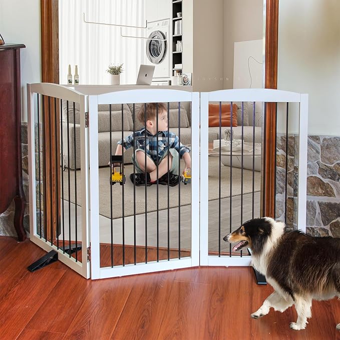ZJSF Freestanding Panel Dog Gate for Indoor, Doorways,Stairs, or Hallways,Foldable Wooden White Dog Gates for House,Pet Gate for Dogs,Dog Fence, Puppy Gate,Support Feet Included,32 "Height-3 Panels