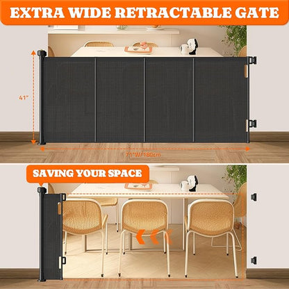 Pawtners Retractable Baby Gates Extra Wide, 41" Tall Extends up to 71" Wide, Dog Gate Indoor for Stairs, Pet Gate with Support Rods for Doorways Hallways Indoor &amp; Outdoor-Black
