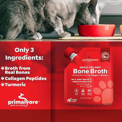 Primalvore Grass-Fed Beef Bone Broth for Dogs &amp;Cats, Mobility Formula w/Collagen Peptides to Help Support Hip &amp; Joints, Digestion, Skin &amp; Coat and Hydration, Human Grade, Made in USA. Beef 6 Pack