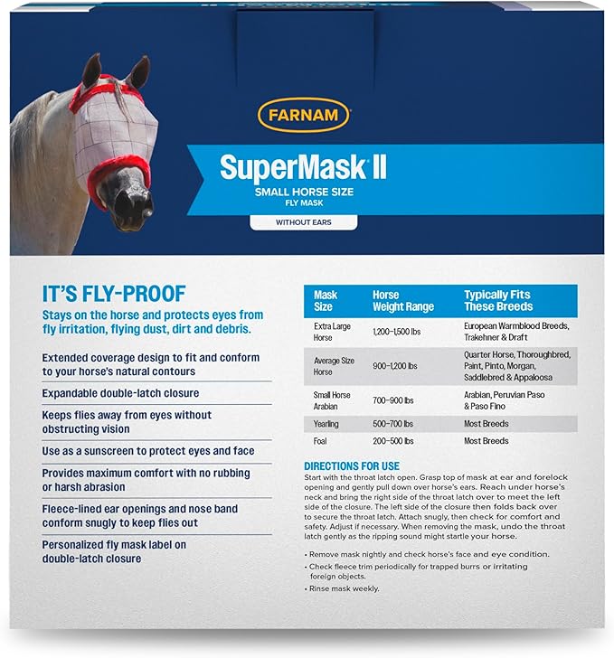 Farnam SuperMask II Fly Mask Without Ears for Smaller Horses or Arabian Horses,Full Face Coverage &amp; Eye Protection from Insect Pests, Structured Classic Mesh with Plush Trim,Small Horse/Arabian Size