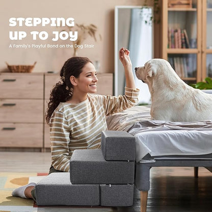 Foldable 18 Inch Wide Dog Stairs for Small Dogs, 12 Inch Height Foam Dog Steps for Bed &amp; Couch, Linen Covered Pet Stairs for Dogs to Get on Bed, Indoor Foam Pet 2 Steps for for Cat and Puppy