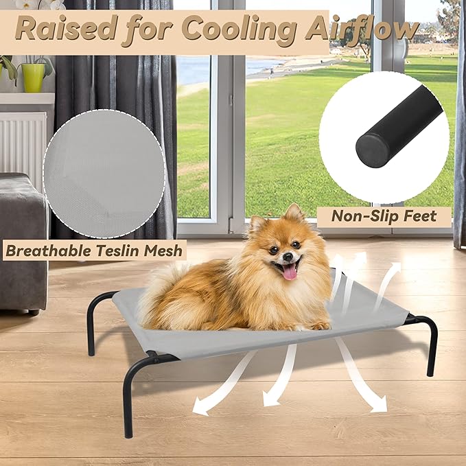 PHYEX Raised Pet Cot for Small Pets, Elevated Dog Bed with Breathable Mesh, Sturdy Steel Frame for Indoor &amp; Outdoor Use, Non-Slip Design, Easy Clean, 33-Inch Grey