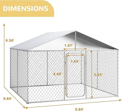Outdoor Dog Kennel with Cover, Large Dog Run Fence House Big Cage Pen Enclosure, Heavy Duty Dogs Play Cage Pen Kennel (118" L x 118" W x 83" H)