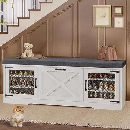 Farmhouse Storage Bench with Flip Drawers &amp; Padded Seat Cushion, Half Hidden Shoe Rack Organizer, Adjustable Shelf Shoe Cabinet for Large Family, Entryway, Bedroom, Living Room (White)