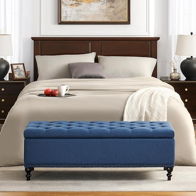 Ottoman with Storage,50.2-inch Upholstered End of Bed Storage Bench for Bedroom,for The Living Room,for Entryway, with Rivets &amp; Button and Safety Hinges,Detachable (Blue)