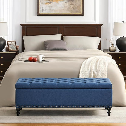 Ottoman with Storage,50.2-inch Upholstered End of Bed Storage Bench for Bedroom,for The Living Room,for Entryway, with Rivets &amp; Button and Safety Hinges,Detachable (Blue)