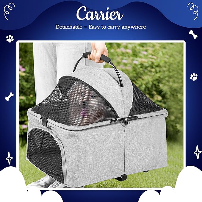 Detachable Pet Double Stroller with 4 Rolling Casters for 2 Pets – Lightweight Multifunctional Travel Stroller with Mesh Windows, Cup Holder, Sun Shades &amp; Storage Pocket for Puppy and Kitty