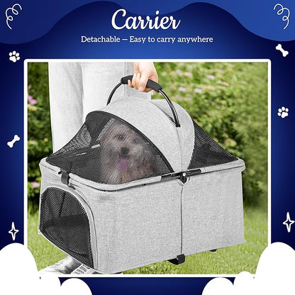 Detachable Pet Double Stroller with 4 Rolling Casters for 2 Pets – Lightweight Multifunctional Travel Stroller with Mesh Windows, Cup Holder, Sun Shades &amp; Storage Pocket for Puppy and Kitty