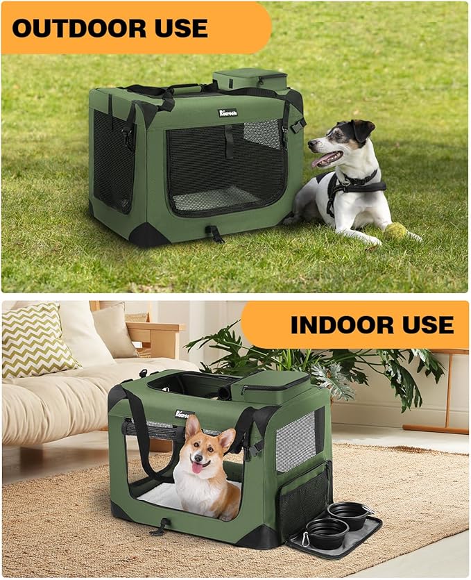 Extra Large Dog Crate with 2 Foldable Bowl, 40 Inch Collapsible Travel Dog Crate Kennel with Soft Blanket for Medium Dogs,Indoor &amp; Outdoor (40" L x 27" W x 27" H, Green)