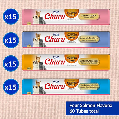 INABA Salmon Churu Cat Treats, Lickable, Squeezable Creamy Purée Cat Treat with Green Tea Extract &amp; Taurine, 0.5 Ounces Each Tube, 60 Tubes, Salmon Variety Box